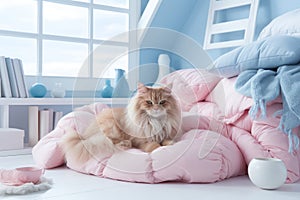 Playful kitten enjoying a cozy and luxurious atmosphere in a bright, modern loft style bedroom