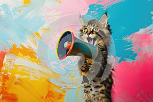 Playful kitten interacting with a colorful megaphone