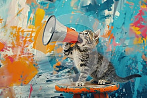 Playful kitten interacting with a colorful megaphone