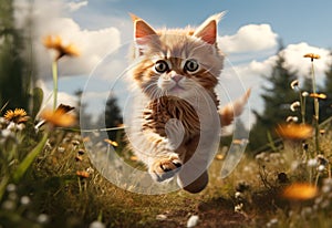 Playful kitten jumping in a field at sunset: close-up of cat\'s joy and beauty in nature