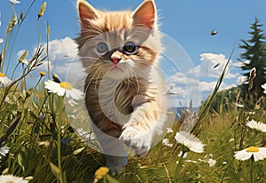 Playful kitten jumping in a field at sunset: close-up of cat\'s joy and beauty in nature