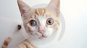 playful kitten makes selfie on a white background