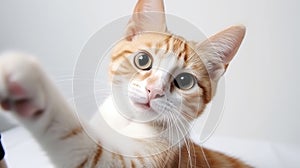 playful kitten makes selfie on a white background