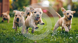 Playful Labrador puppies playing in the green vibrant garden in the sunlight, banner