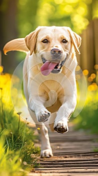 The playful Labrador retriever bounds through sun-kissed meadows, tongue lolling in pure joy