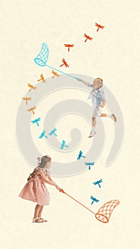 Playful little children, boy and girl playing together outdoors, catching dragonfly with net. Contemporary art collage.