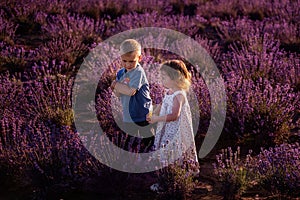 Playful little cute couple boy girl walk on purple lavender flower meadow field background, have fun