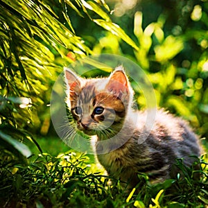 Playful little kitten in the summer garden in the grass