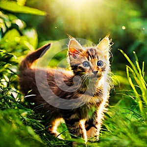 Playful little kitten in the summer garden in the grass1
