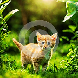 Playful little kitten in the summer garden in the grass15