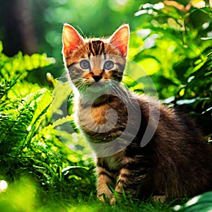 Playful little kitten in the summer garden in the grass16