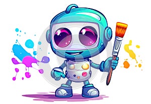Playful little robot artist with a paintbrush standing full body isolated on white. Generative AI cartoon illustration photo