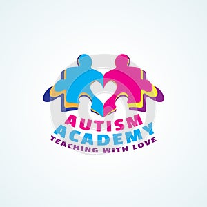 Playful logo for Autism Academy. Colourful Kids Puzzle Book with Heart shape. Tagline : Teaching with love