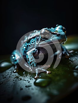 Playful Macro Shot of a Tiny Frog with Water Droplets in Soft Lighting.