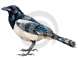 Watercolor Magpie with Shiny Objects on White Background Playful, Detailed Art Piece for Nature and Bird Lovers Perfect Decor for photo