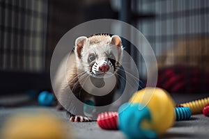 A playful and mischievous ferret playing with toys, scampering around and having fun. Generative AI photo