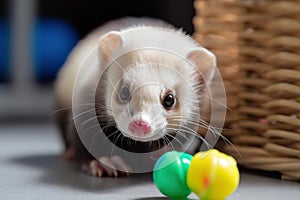 A playful and mischievous ferret playing with toys, scampering around and having fun. Generative AI photo