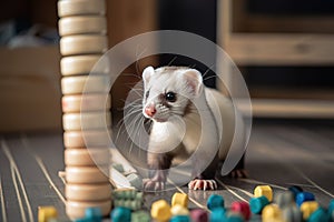 A playful and mischievous ferret playing with toys, scampering around and having fun. Generative AI photo