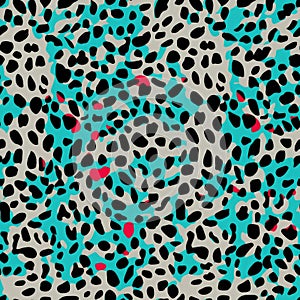 A playful and modern seamless pattern with leopard spots and abstract confetti in a monochrome and teal color scheme