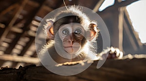 Playful Monkey Peering Out From Under Open Barn With Sun Rays