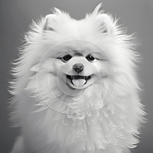 Playful Monochromatic Portrait Of A Grinning White Pomeranian Dog