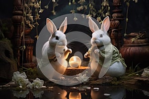 Playful moon rabbits, bestowing luck and fortune to those who encounter them - Generative AI