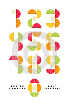 Playful numeral symbols with citrus fruits. Number font - Only your play. Cool vector typographic