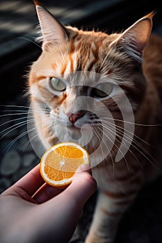 Playful Orange Cat Enjoying a Treat from a Human Hand. Perfect for Pet Lovers.