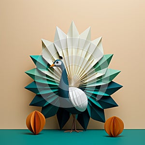 Playful Origami Peacock: Minimalist 3d Illustration With Character Design