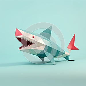 Playful Origami Shark: 3d Render In Minimalist Composition