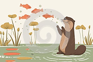 Playful Otter Juggling Fish Illustration