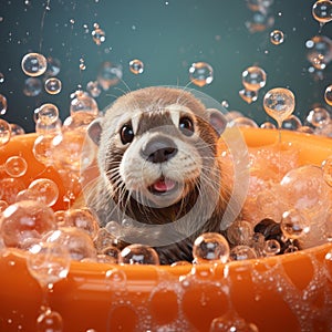 Playful Otter In Orange Bathtub With Soap Bubbles photo