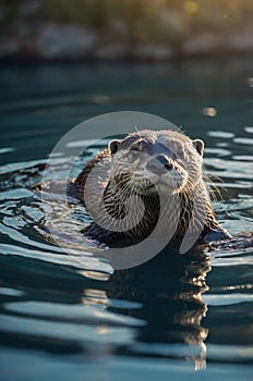 River Otter Swimming in Tranquil Water, Looking Directly at the Camera