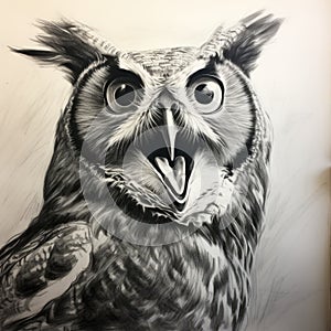 Playful Owl Pencil Drawing With Hyperrealistic Style photo