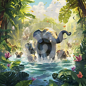 Playful Pachyderms - Elephants having a water fight in a colorful jungle oasis