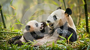 A playful panda cub with its mother photo