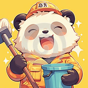 A playful panda sanitation worker cartoon style