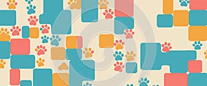 playful pattern featuring colorful dog paw prints and rounded rectangles in shades of teal, orange, and pink on a light beige photo