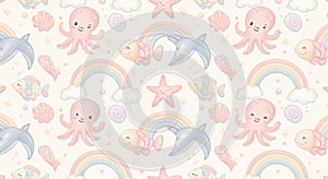 Playful pattern featuring pastel-colored sea creatures and elements. Smiling pink