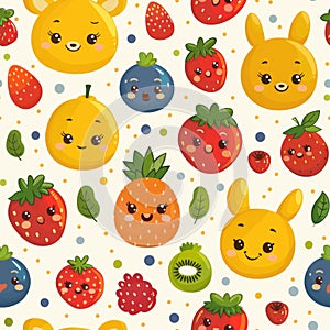 A playful pattern of smiling fruit characters interspersed with leaves and polka dots
