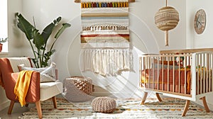 The playful patterned woven wall hangings in this creative childs room add a burst of color and texture to the otherwise