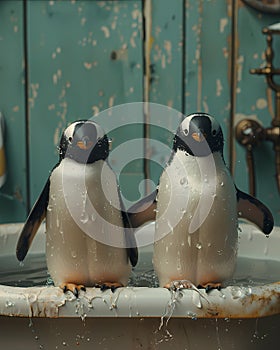 Playful penguins leap in tub, storybook illustration, featured on cg society, art photography, whimsical, behance hd, storybook