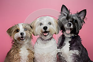 Playful pets with unique fur textures in a charming tableau on pink backdrop