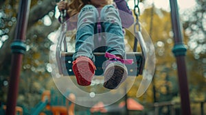 A playful photo of a child in a park, jumping off a swing, with one red and one purple shoe on playground activities