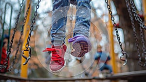 A playful photo of a child in a park, jumping off a swing, with one red and one purple shoe on playground activities