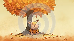 Playful Pig Under Autumn Tree Illustration