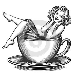 Playful Pin-Up Girl in Teacup engraving raster