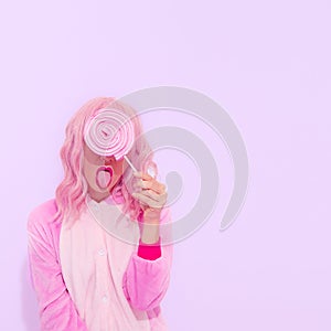 Playful Pink Pajamas Party Girl. Lollipop candy lover. Home Relax style. Kigurumi shop concept