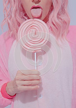 Playful Pink Pajamas Party Girl. Lollipop candy lover. Home Relax style. Kigurumi shop concept