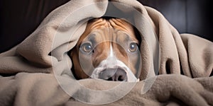 Playful pitbull dog hiding under his blanket, the only thing you are able to see is his face